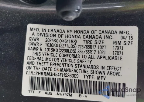 2015 Honda Cr-V Ex from USA, damaged, VIN 2HKRM3H54FH526009